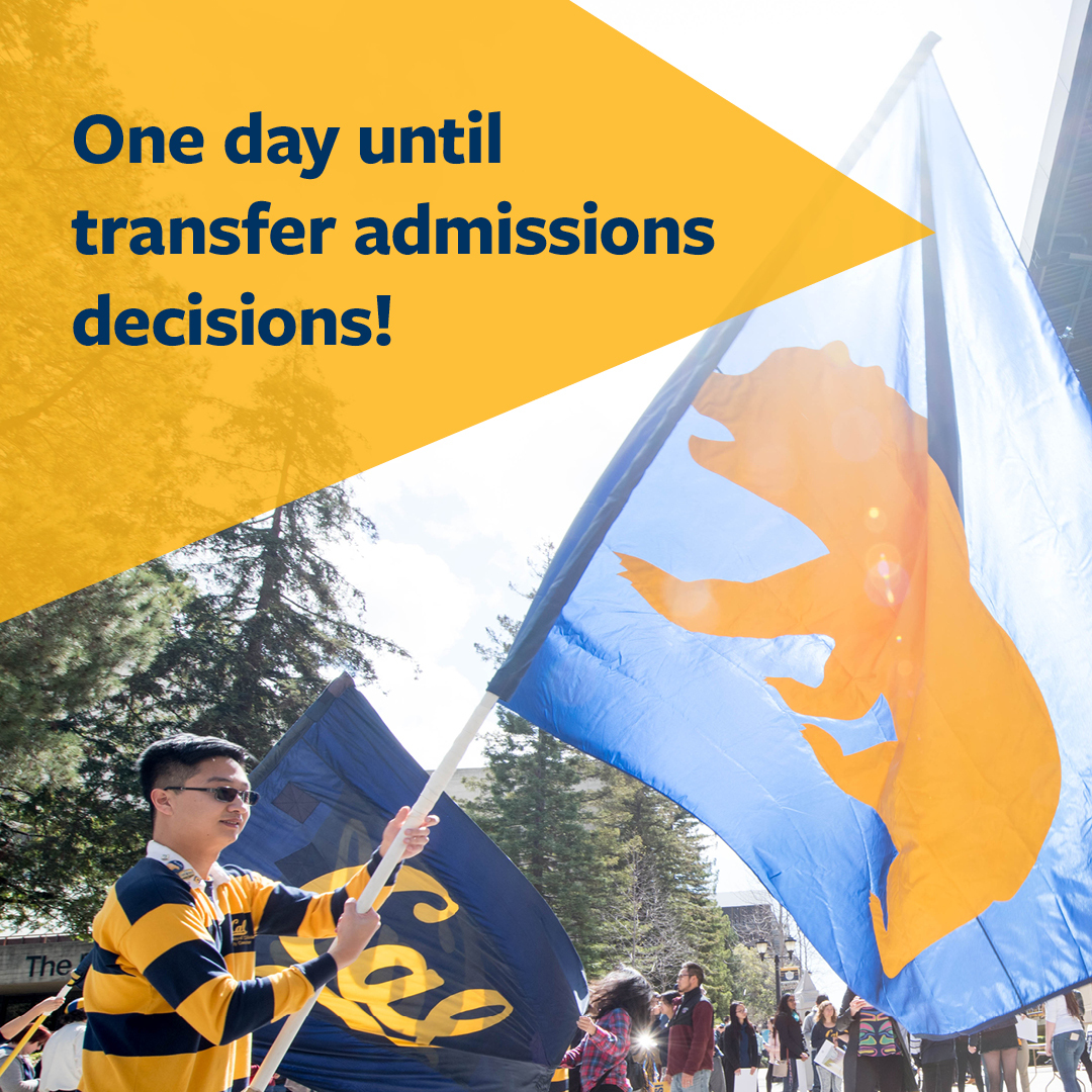 Transfer applicants…it’s almost time! 🐻😱 Admissions decisions arrive tomorrow, April 21st! 

Share your acceptance reactions with us via this link:
forms.gle/QjpMWUvqRusqzu…

#BerkeleyPOV #ucberkeley