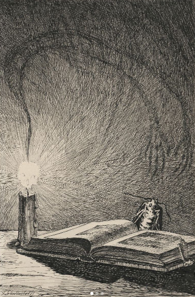 VickyGiavasi's tweet photo. 'Moth Reading by Candlelight' by Fritz Schwimbeck, 1913

#illustration https://t.co/fwXQtlw9I6