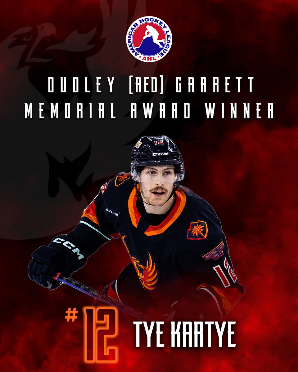 ROOKIE OF THE YEAR!  #CVFirebirds forward Tye Kartye has been named the winner of @theAHL’s Dudley (Red) Garrett Memorial Award!  Congrats, Karts!   cvfirebirds.com/2023/04/20/tye… | #FiredUp