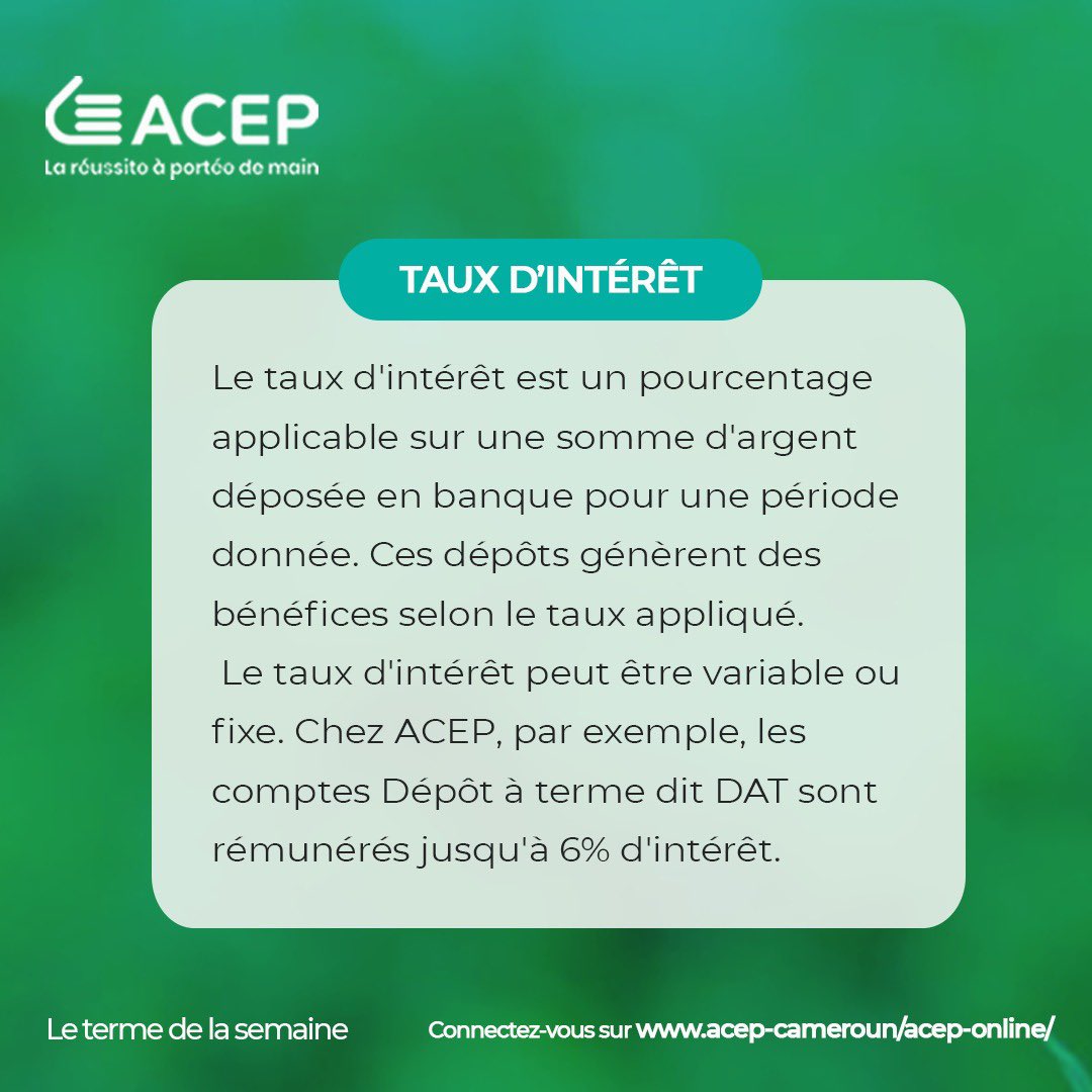 Acep_Cameroun's tweet photo. Cette semaine nous souhaitons vous parler du taux d'intérêt.
En effet, le taux d'intérêt est un pourcentage applicable sur une somme d'argent déposée en banque pour une période donnée. Ces dépôts génèrent des bénéfices selon le taux appliqué.

#Acepcameroun #microfinance https://t.co/MXFk6hvUOT