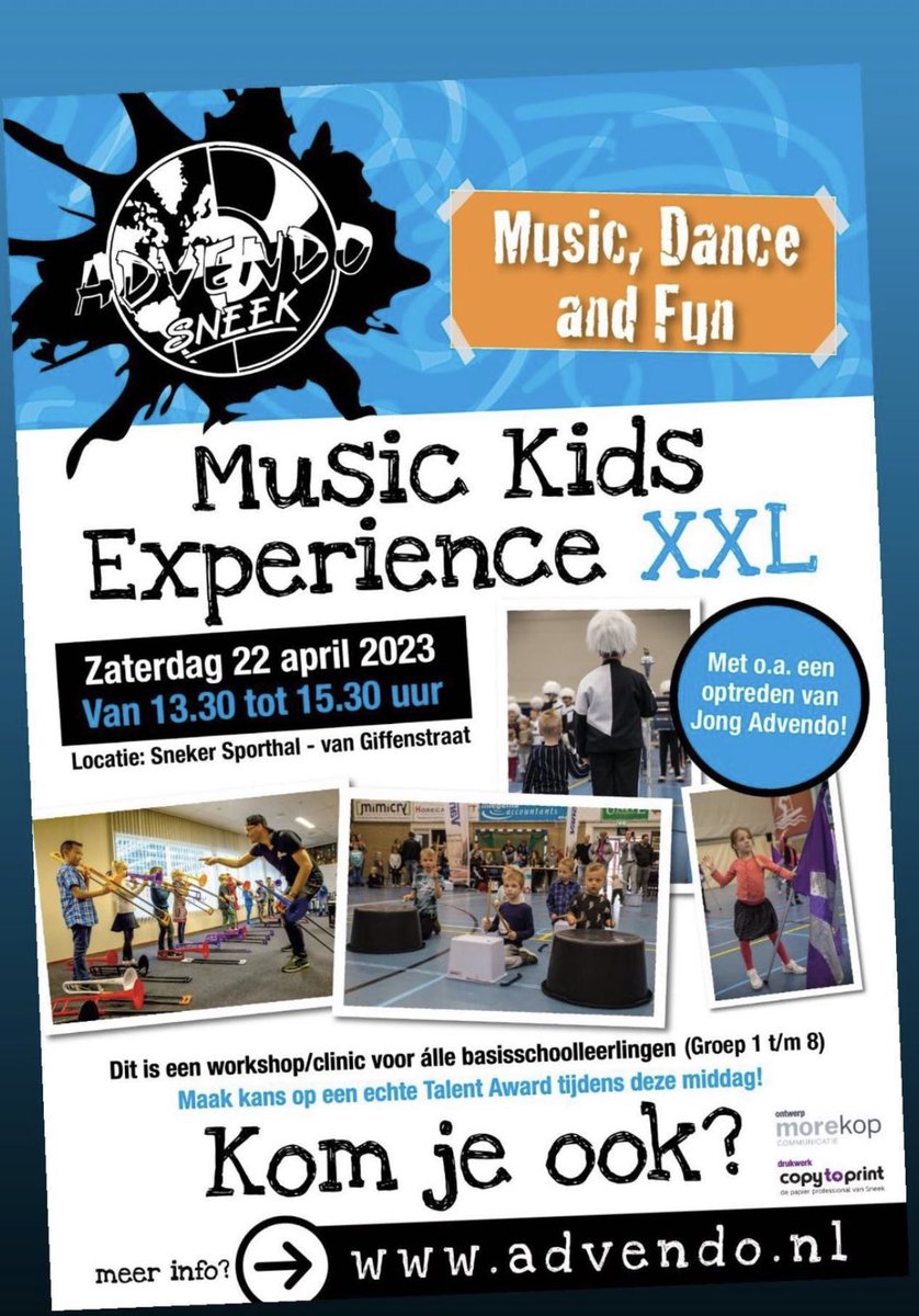 Zaterdagmiddag iets leuks doen met je  kids? Zorg dan dat je om 13.30 uur bij de Sneeker Sporthal bent voor een top middag #musickidsexperience #advendo <a href="/SWFryslan/">Gemeente Súdwest-Fryslân</a> <a href="/SWFryslan/">Gemeente Súdwest-Fryslân</a> <a href="/advendosneek/">Advendo Sneek</a> <a href="/klankwijzer/">Klankwijzer.nl</a> <a href="/Korpsmuziek_nl/">Korpsmuziek_nl</a> <a href="/Sneekpromotion/">Sneek, watersportstad van Friesland: Sneek = Meer</a>