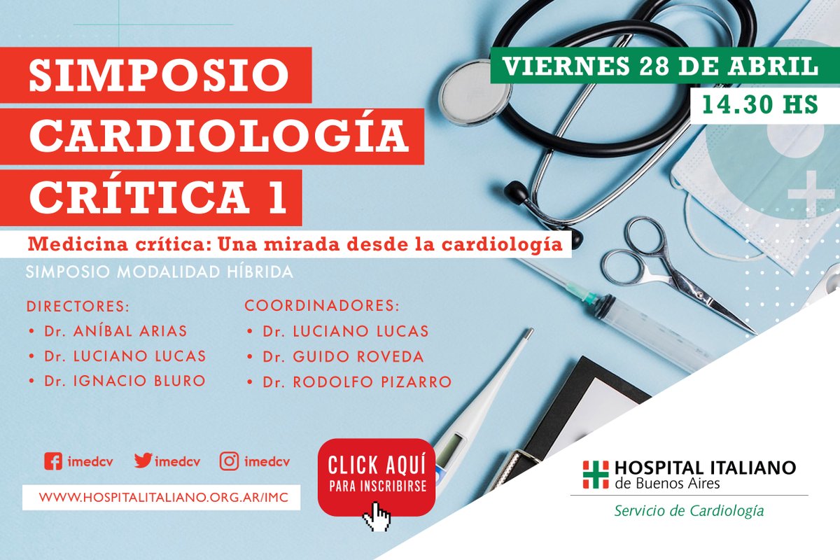 imedCV's tweet photo. 🙌🏼 SIMPOSIO CARDIOLOGÍA CRÍTICA I

📅 Viernes 28 de Abril 2023
⌚ 14:30 hs
💻 Modalidad híbrida: #virtual y #PRESENCIAL en el aula del Instituto de Medicina Cardiovascular del HIBA Perón 4190, Nivel 0

Link de inscripción y agenda: https://t.co/rnfoZHjEoC https://t.co/GDol1IbWGF