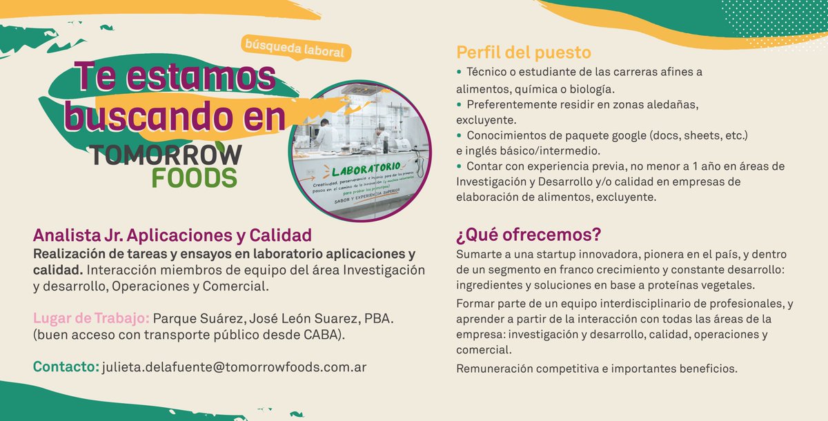 🙌🏼 Búsqueda laboral: Analista Jr. Aplicaciones y Calidad

¡En <a href="/TomorrowFoods/">Tomorrow Foods</a> te estamos buscando!

💻 Si cumplís con los requisitos escribinos a julieta.delafuente@tomorrowfoods.com.ar

<a href="/gridexp/">GRIDX</a> #PlantBased4aBetterFuture