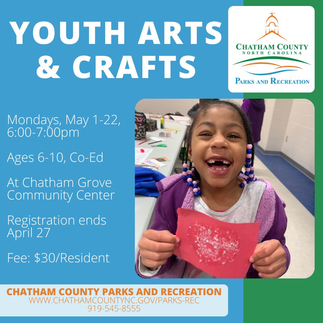ChatCoParksRec's tweet photo. Calling all artists 🎨 Join us for a 4 week youth arts and crafts program! Participants will create fun projects each week using a variety of materials. Registration closes April 27 so visit https://t.co/0jOkloVJ0N to sign up today! https://t.co/RYuLeSF67k