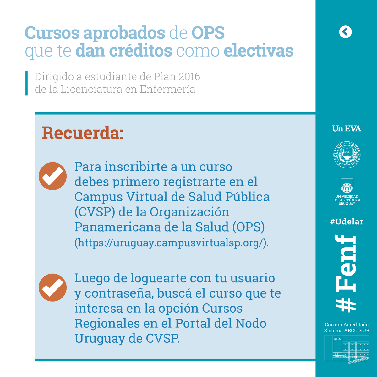FenfUdelar's tweet photo. 🧐¿Sabías que hay Cursos de @opsoms  que te dan créditos como electivas?
📄Accede al listado de cursos con los créditos en: https://t.co/CGvXMjBj2v
🖥️🌎Estos cursos se encuentran alojados en el @campusvirtualsp y puedes acceder ingresando a: https://t.co/mkfpkNcMFI
#Fenf #Udelar https://t.co/NYmLfscuBu