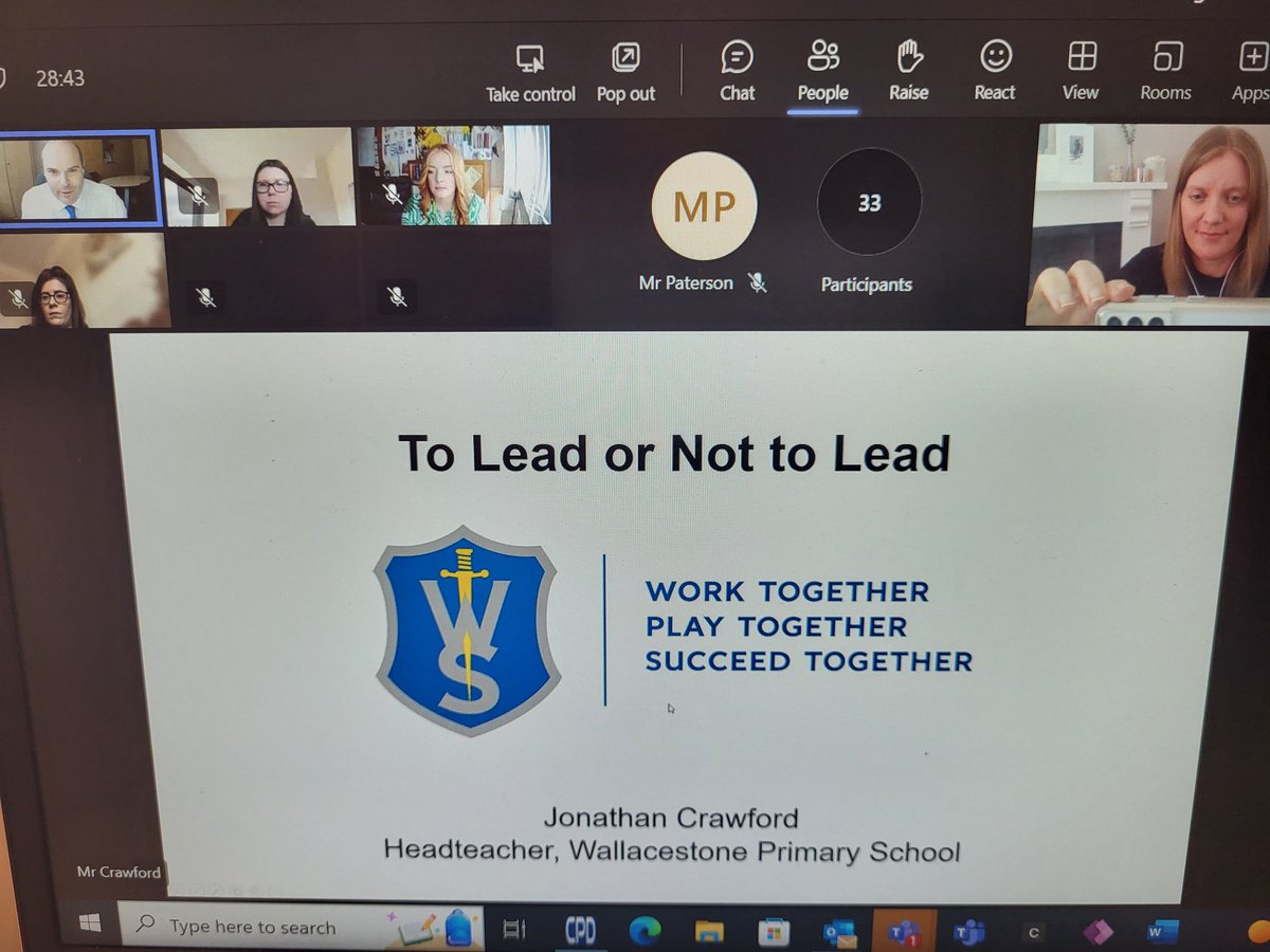 MissLBaird's tweet photo. Huge thanks to Jonathan @WallacestonePS for sharing his reflections on 'leadership&amp; the big picture' with our To Lead or Not to Lead? participants today. Lots of thought-provoking content as we move towards the end of our 2022/23 programme #educrush #ThinkBigActSmall @MrPaterson1 https://t.co/9WAEszS6lS