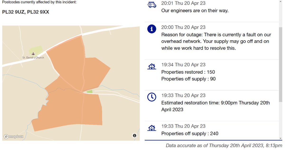 DavidstowInfo's tweet image. There's currently a #PowerCut here in #Davidstow.

Our lights went out 3 times, albeit only for a few seconds each time.

The 9 properties remaining without power are due to have it restored by 9 PM.