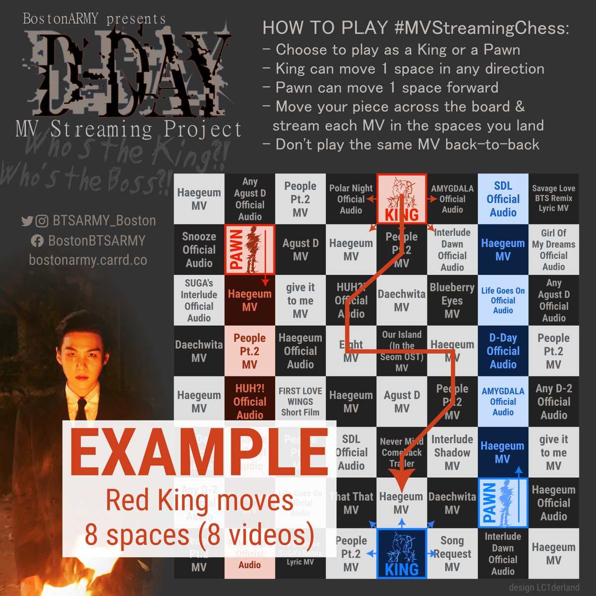 BTSARMY_Boston's tweet photo. Play the PAWN piece if you're short on time. KING lets you stream as many MVs as you want
FUN TIP: Play #MVStreamingChess with a friend & try to catch each other's KING
Post your board & tag us so we can share too!
See example 👇 of Red KING moving 8 spaces (8 vids watched) https://t.co/eiQ0E3TbkG