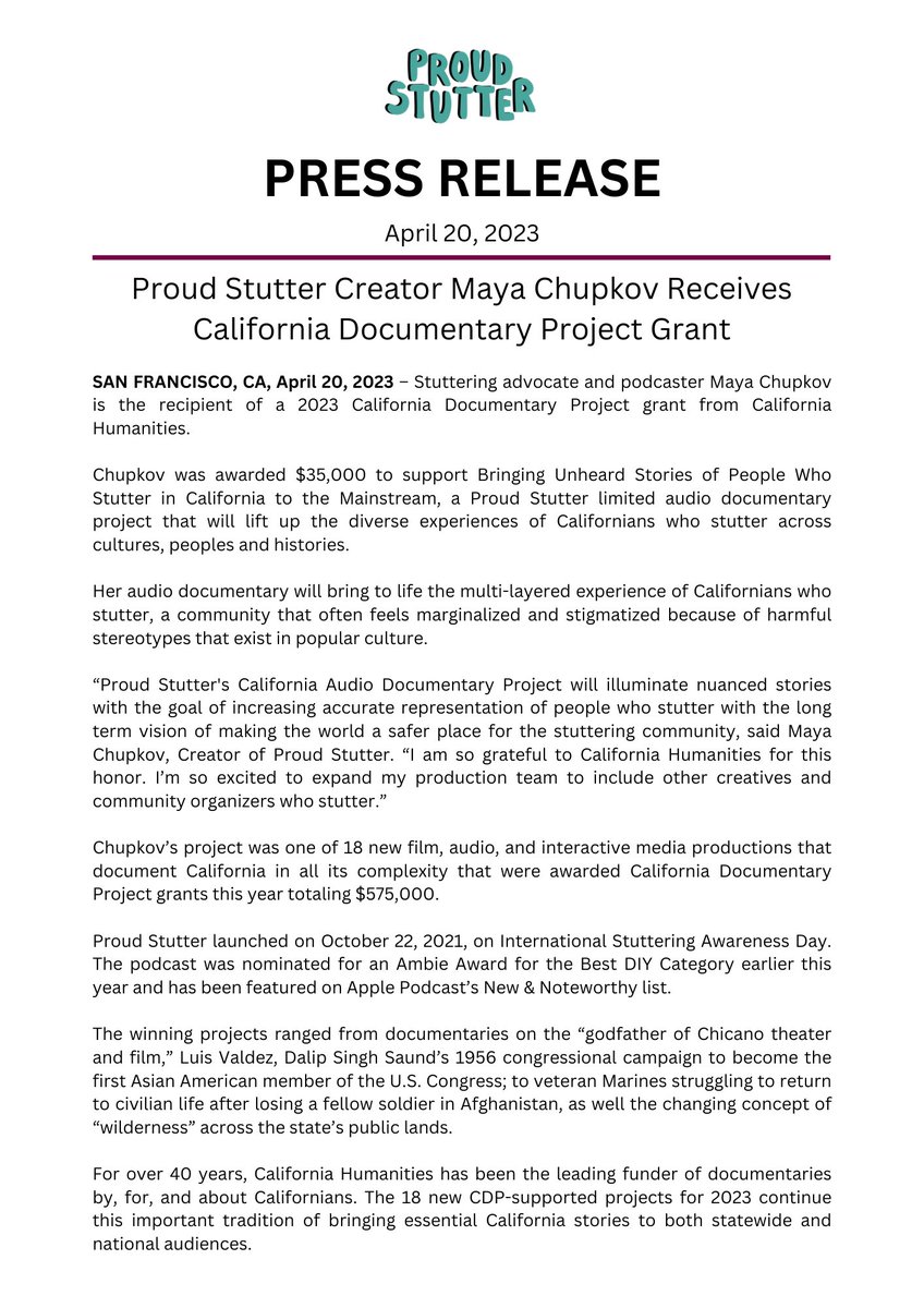 ProudStutter's tweet photo. I'm SO excited to announce Proud Stutter has received at $35K documentary grant from @Cal_Humanities to support an audio documentary project that will lift up the diverse experiences of Californians who stutter across cultures, peoples and histories. So honored and grateful! https://t.co/1JbbcKDnJN