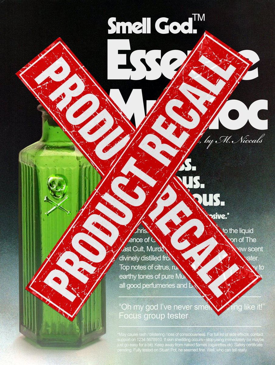 Devastating news re the launch of my celebrity fragrance. Essence of Murdoc has been RECALLED and is NOT on sale just yet, due to (isolated) incidents of (very minor) skin shedding. Weird cos I tested it on 2D and he seemed normal. #essenceofmurdoc