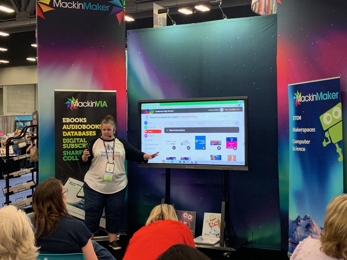 MackinVIA's tweet image. Librarian Shelby Counts has the floor at booth #2018! Our day at #txla23 is far from over, so join us for great talks, free stuff, and comfy shirts! 😊📚