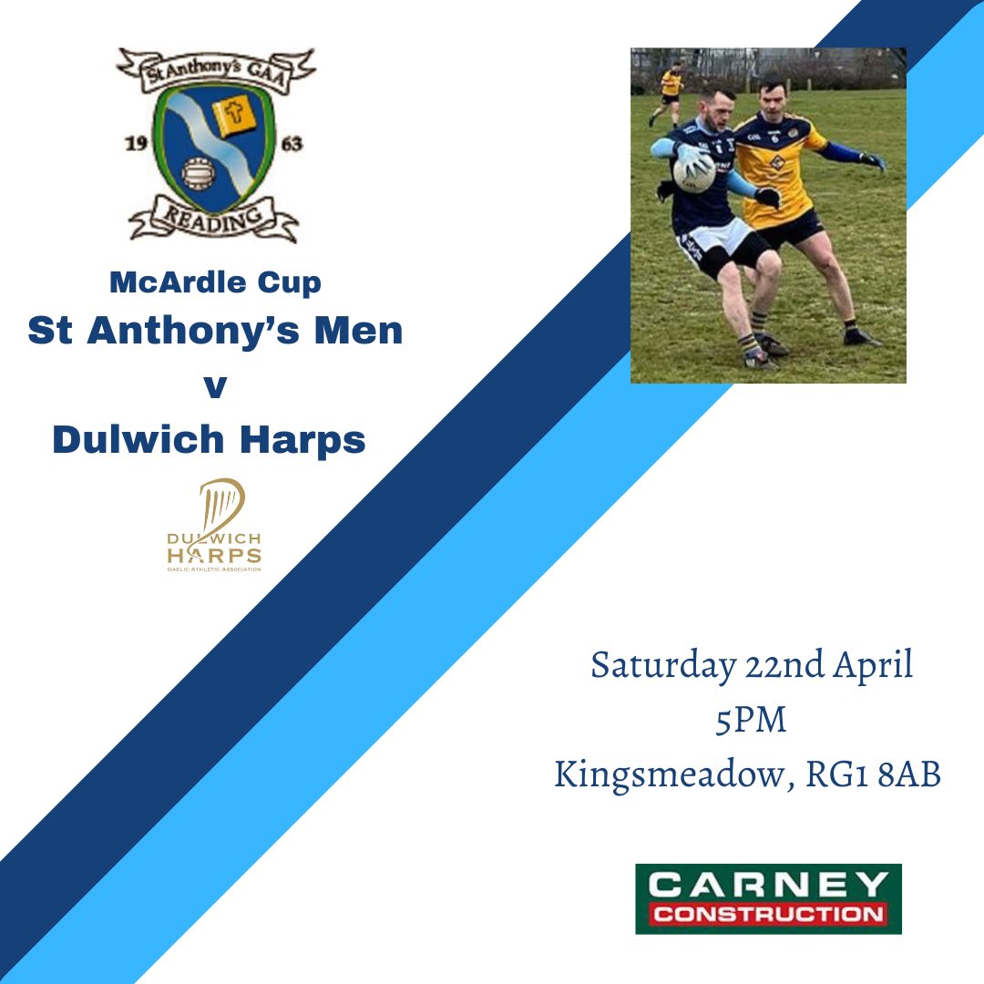 St Anthony's GAA Reading (@stanthonysgaa) on Twitter photo After what seems like an eternity our Men’s team finally have a competitive game back in Reading as we take on <a href="/DulwichHarps/">Dulwich Harps GAA</a> in Kingsmeadow on Saturday. Let’s get a big crowd down to cheer the lads on!! After what seems like an eternity our Men’s team finally have a competitive game back in Reading as we take on <a href="/DulwichHarps/">Dulwich Harps GAA</a> in Kingsmeadow on Saturday. Let’s get a big crowd down to cheer the lads on!!