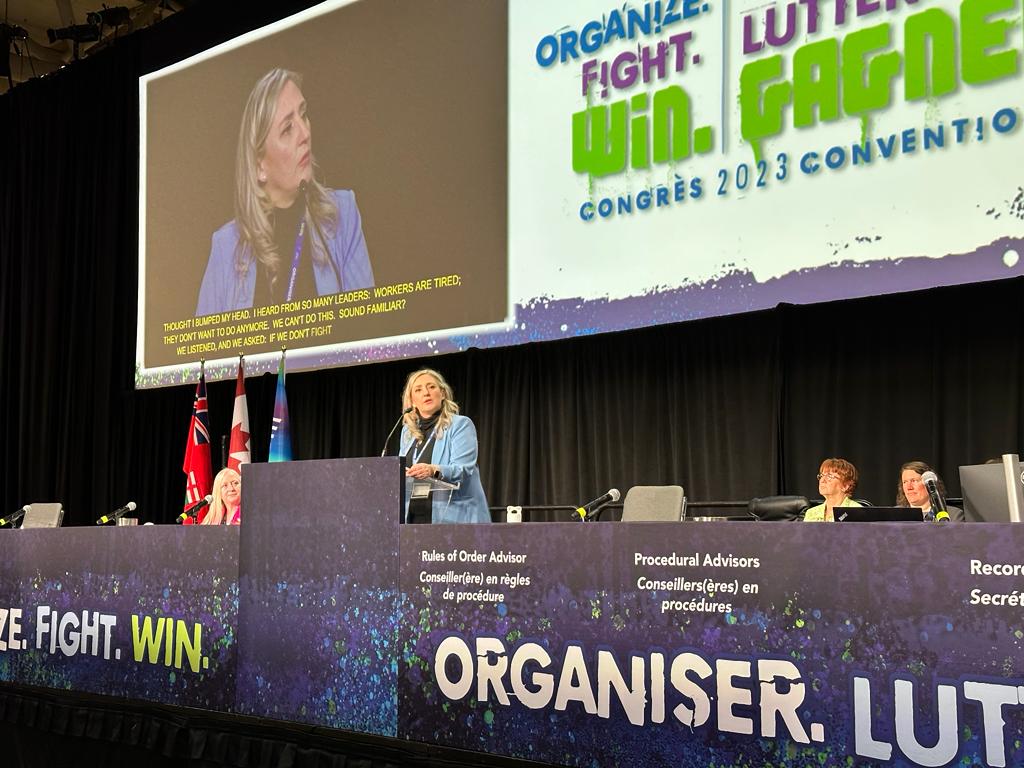 OPSEU's tweet photo. "Union solidarity is a verb; not a noun. It is an action; not a statement." 
Thank you @waltonmom for joining us at Convention 2023 to share your experiences and insights! @OPSEU is always proud to stand in solidarity with @osbcucscso! 
#OrganizeFightWin https://t.co/GTq10Mqtku