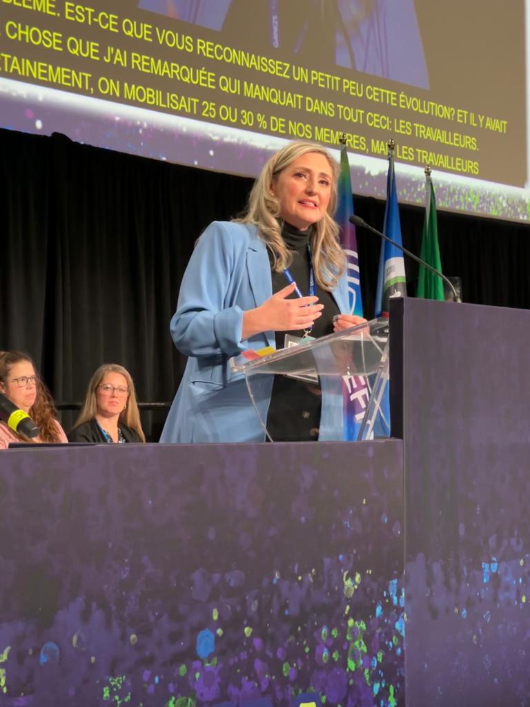 OPSEU's tweet photo. "Union solidarity is a verb; not a noun. It is an action; not a statement." 
Thank you @waltonmom for joining us at Convention 2023 to share your experiences and insights! @OPSEU is always proud to stand in solidarity with @osbcucscso! 
#OrganizeFightWin https://t.co/GTq10Mqtku