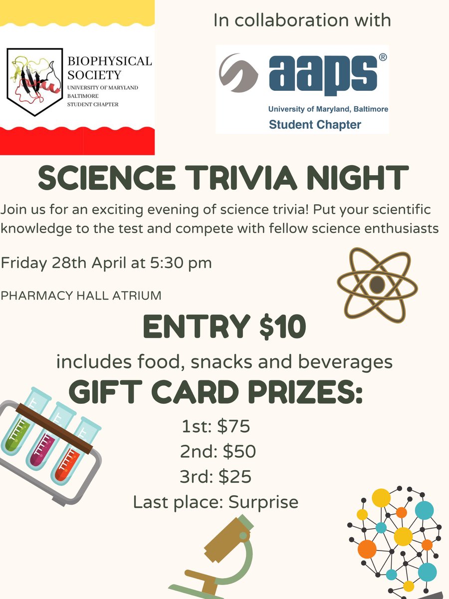 AapsUmb's tweet photo. Join @umb_bps  and us for a Science Trivia Night next Friday!  🧪🥼

Let's put your scientific knowledge to the test 🧠 while enjoying some food and drinks ! 

Only $10 dollars to enter! https://t.co/eWnNv02INx