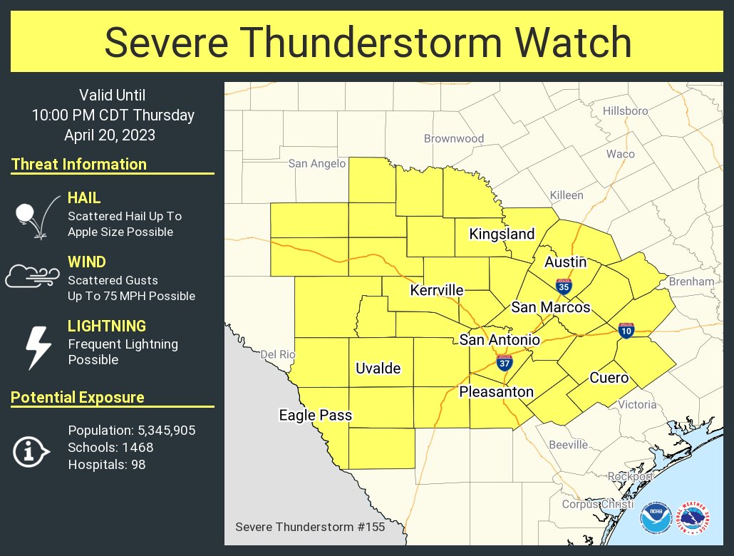 NWSSanAntonio's tweet photo. A severe thunderstorm watch has been issued for parts of Texas until 10 PM CDT https://t.co/H3PuFsInFv