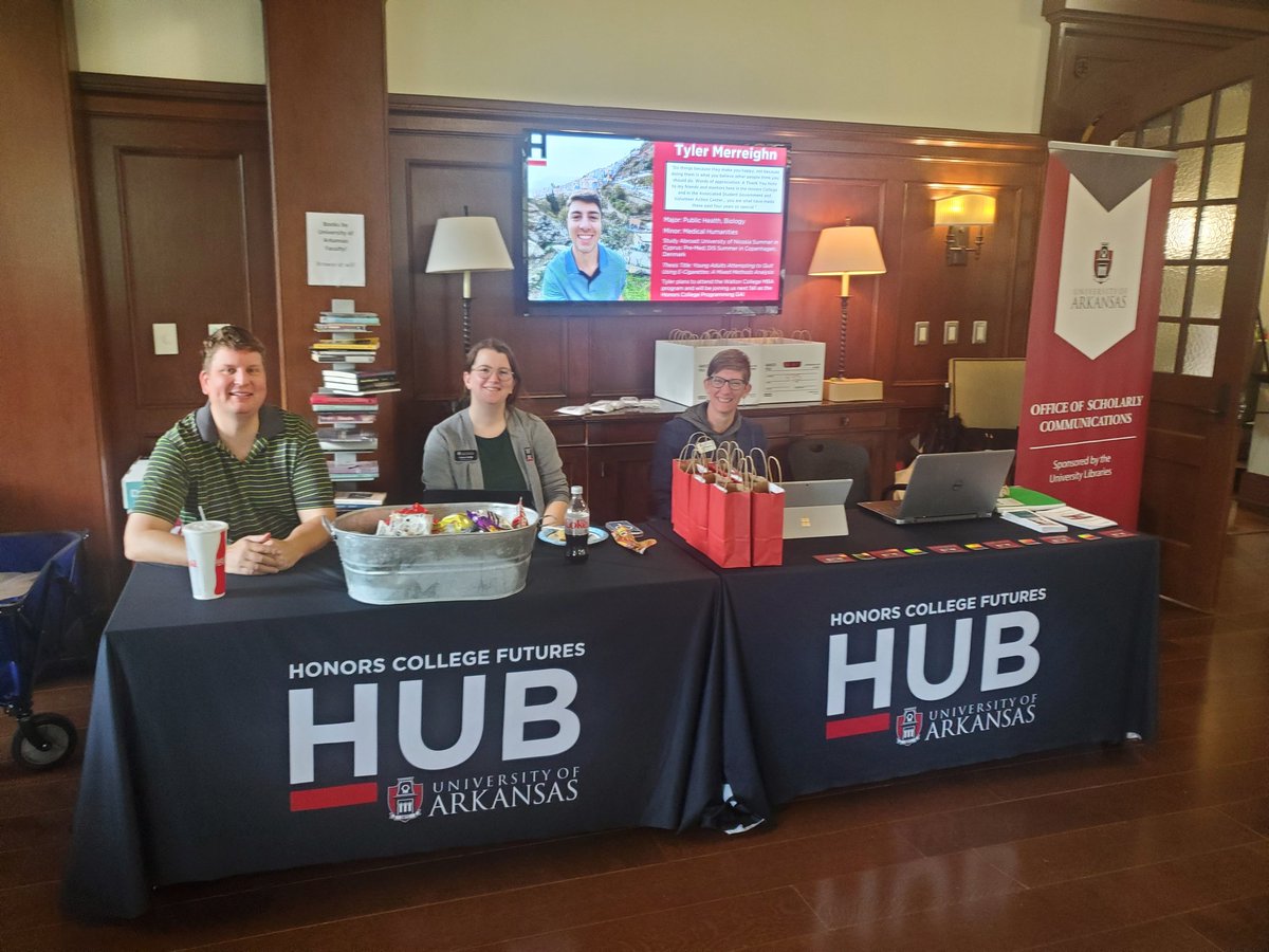 Make sure you come by the <a href="/UarkHonors/">UofA Honors College</a> Lounge in Gearhart today, Thursday April 20th, between 2 and 4 pm! We're excited to meet with you about submitting your scholarly work to ScholarWorks@UARK! #UndergradResearch #UARK