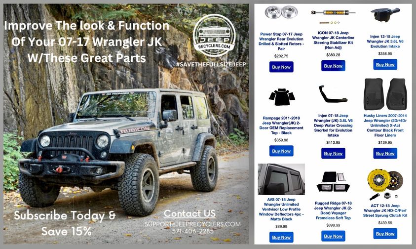 Is your Wrangler ready for off-roading this summer? Click the link below to shop our latest parts💥

jeeprecyclers.com/search/?query=…

#wrangler #jeepjk #wranglerjk #jkwrangler #jeepwrangler #jeepwranglerjk