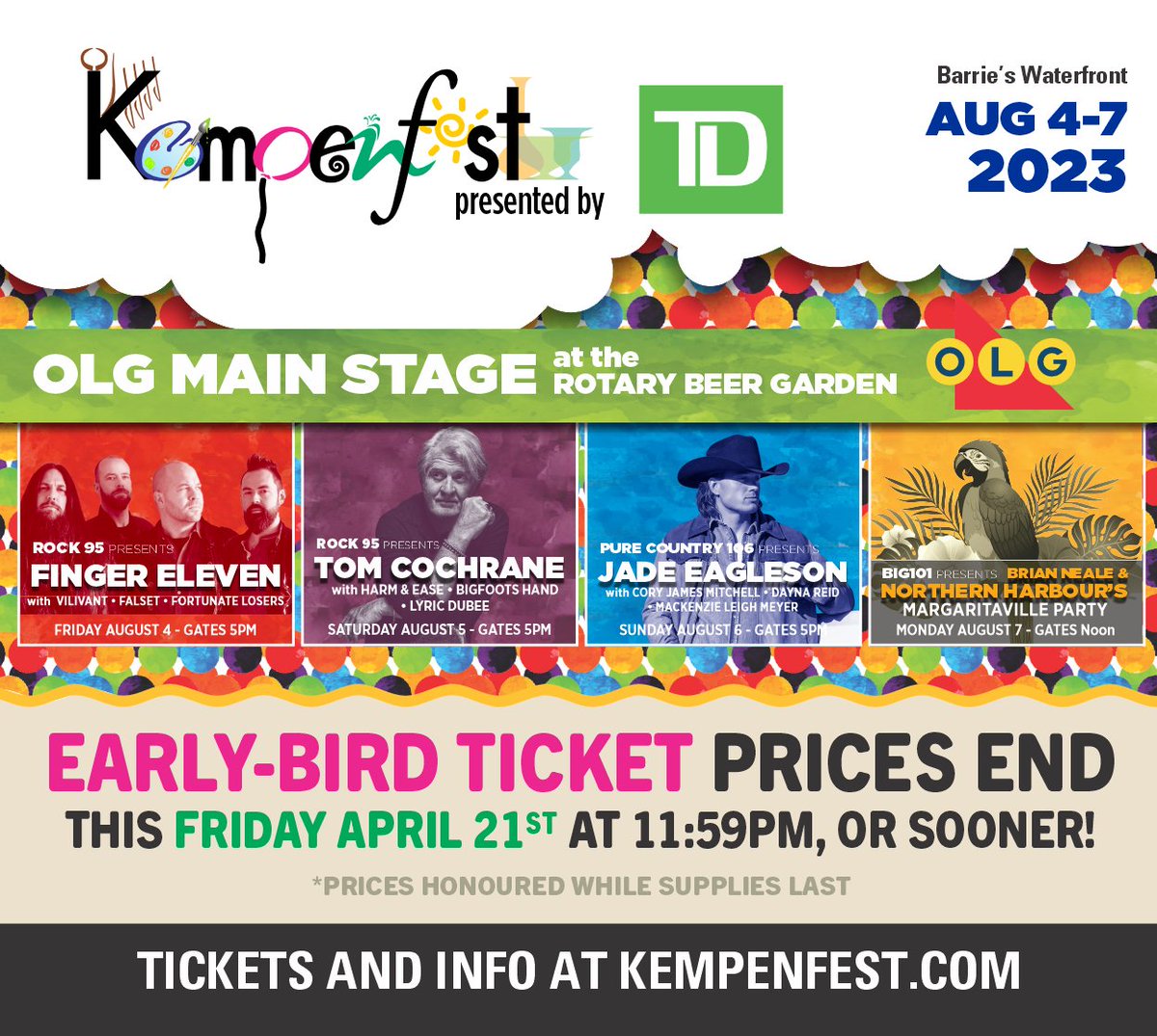 Early-Bird Ticket Prices for <a href="/Kempenfest/">Kempenfest Barrie</a> Concerts end this Friday April 21st at 11:59pm, or sooner! Prices honoured while supplies last.

Ticket info-> admirallive.ca/events/kempenf…
#kempenfest #festivalseason #livemusic #summerconcerts #summerfestival
