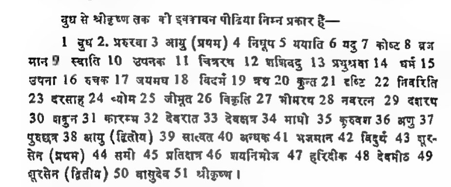Most of the information in "Pughal ka Itihas" is drawn from the Tawarikh Jaisalmer with slight changes, in an easier-to-read Hindi. The Bhati genealogy begins with the standard Puranic genealogical account of Lord Krishna. Noting special to see here. 4/n