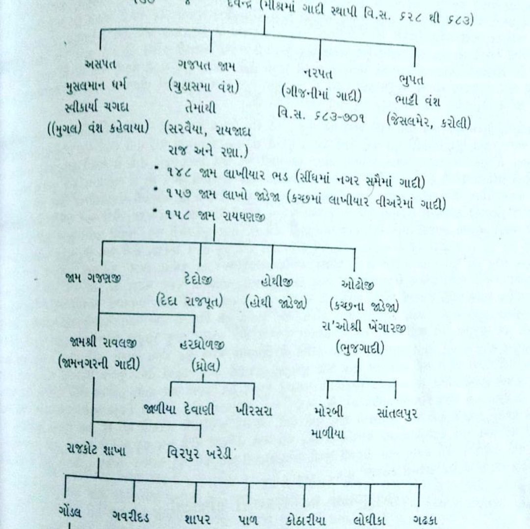 The Bhati genealogical comedy isn't over yet. Jadeja, an allied group to the Bhatis, has entirely different things to say about some important details of their shared genealogy. Jadejas claim their patriarch Narpat to be a biological brother of the Bhati patriarch Bhupat. 12/n 