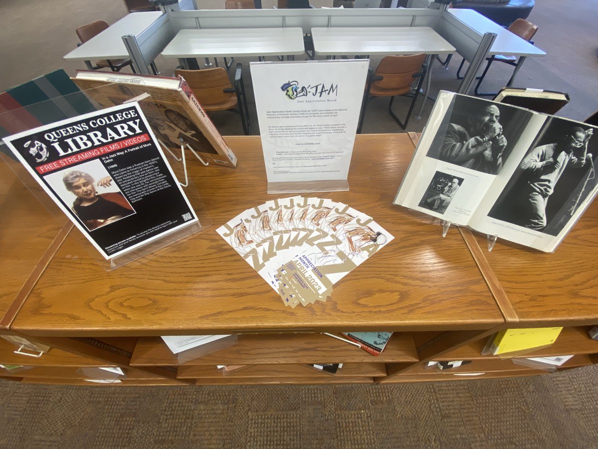 🎶🎺🎹🎵 Loving our Jazz Appreciation display at Queens College Library! Come check out our collection of jazz books, and memorabilia on the third floor. Whether you're a jazz enthusiast or just starting to explore this vibrant genre, there's something for everyone here.  #cuny