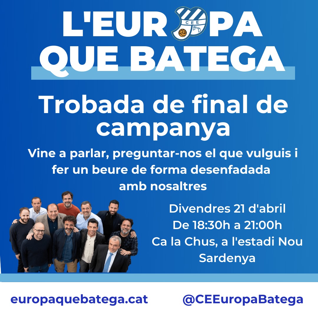Demà divendres acabem la campanya fent un beure informal a la Chus a l'estadi del <a href="/CEEuropa/">Club Esportiu Europa</a>. Vine a partir de les 18,30h a compartir una estona desenfadada i alegre amb l'Europa que batega!