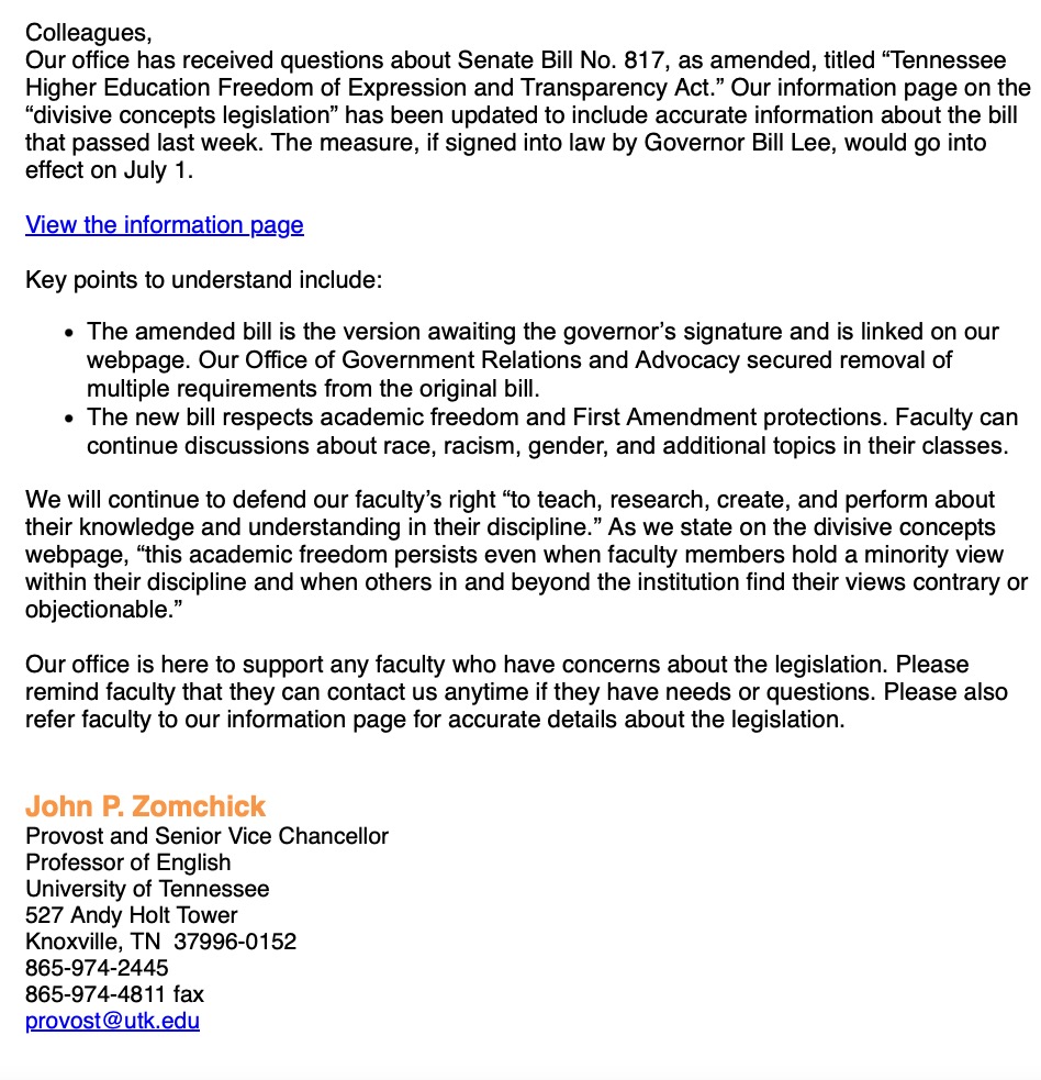 Faculty received this message from the Provost today. For more information: provost.utk.edu/divisive-conce…