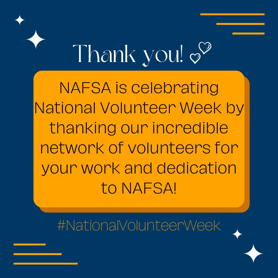 With National Volunteer Week, <a href="/NAFSA/">NAFSA</a> recognizes our incredible, dedicated volunteers!  #NAFSALeaders are amazing &amp; daily exemplify the thriving #intled community, educating through events, publications, resources, &amp; more. Thank you! #NVW