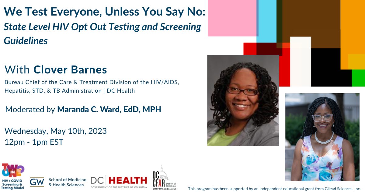The #GWSMHS #TwoinOne Model is excited to present a free CME-bearing moderated discussion with DC Health's Clover Barnes on May 10th. Learn more and register today! bit.ly/3KHGZif #gileadlife #AdvancingBlackHealth