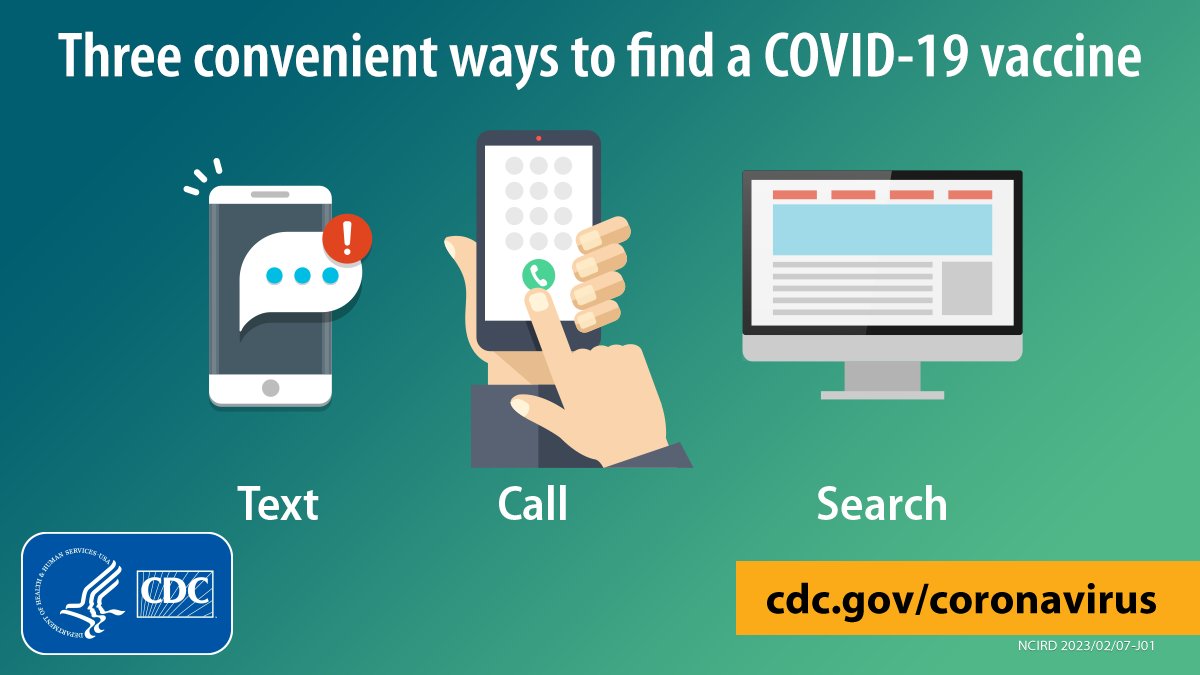 Graphic says Three convenient ways to locate a COVID-19 vaccine. Text, call, and search are displayed next to illustrated mobile phones and a computer. cdc.gov/coronavirus. Graphic is branded with CDC and HHS logos.