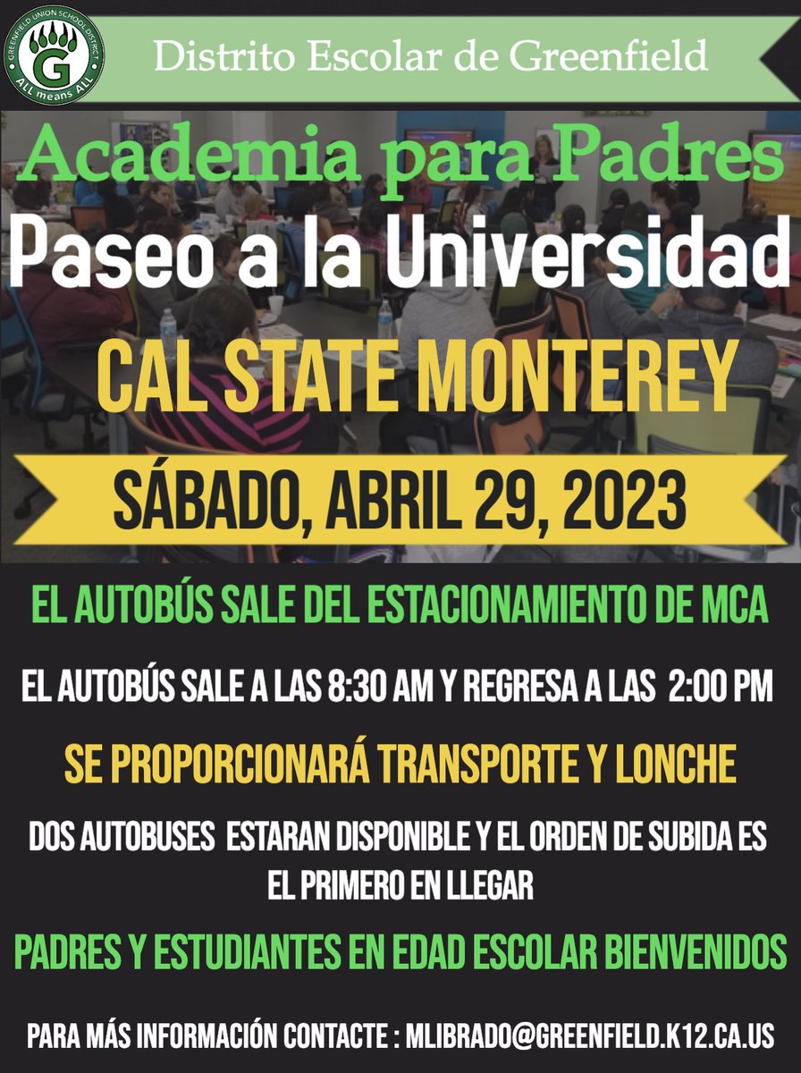 GUSDFACE's tweet photo. Parent Academy - University Field Trip Saturday, April 29, 2023.
#ALLmeansALL #ThisisGUSD #ProudToBeGUSD #GreenfieldGuarantee #FACETEAM
Academia para Padres - Paseo a la Universidad Sábado, Abril 29, 2023. https://t.co/boUsYAH6ys
