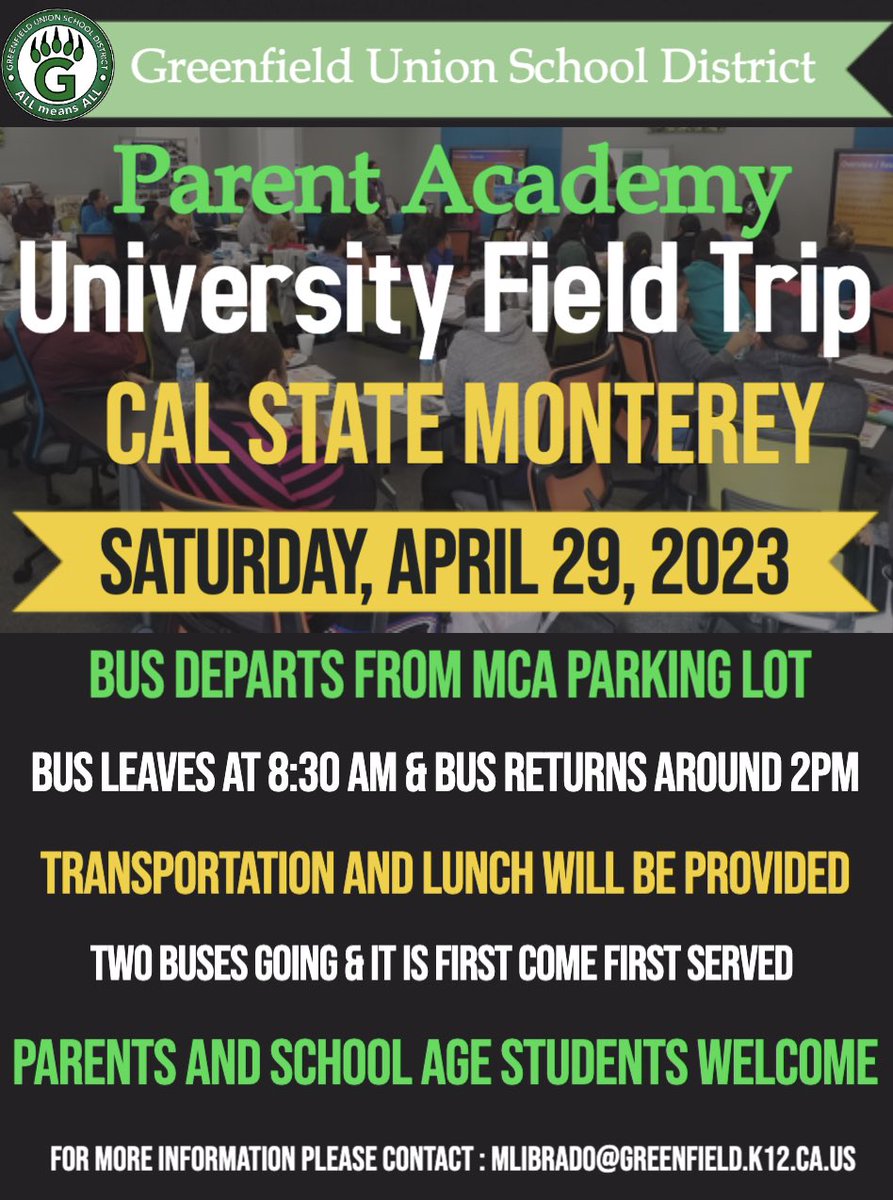 GUSDFACE's tweet photo. Parent Academy - University Field Trip Saturday, April 29, 2023.
#ALLmeansALL #ThisisGUSD #ProudToBeGUSD #GreenfieldGuarantee #FACETEAM
Academia para Padres - Paseo a la Universidad Sábado, Abril 29, 2023. https://t.co/boUsYAH6ys