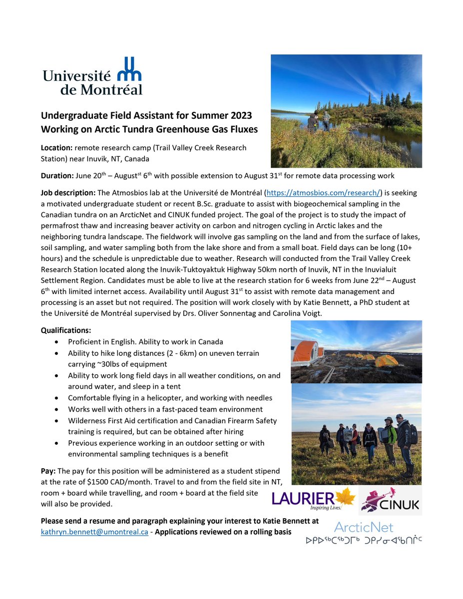 atmosbios's tweet photo. Paid undergrad field assistant position open to work with Ph.D. candidate @Katie_Bennett26 at #TrailValleyCreek 

#Arctic #fieldwork https://t.co/pSlD0RSMxC