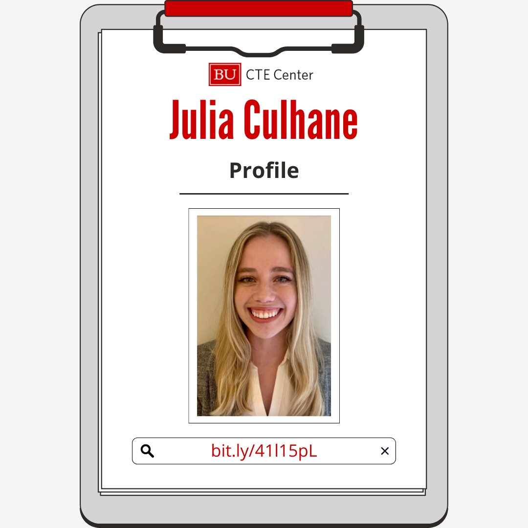 Boston University CTE Center (@bu_cte) on Twitter photo As we finish our #StaffSpotlight on Julia Culhane (<a href="/julia_culhane/">Julia Culhane</a>), we'd like to highlight two publications she was a part of.
In addition, click here to read Julia’s CTE Center profile and learn more about her: bit.ly/41l15pL
#15YearAnniversary #BUCTE As we finish our #StaffSpotlight on Julia Culhane (<a href="/julia_culhane/">Julia Culhane</a>), we'd like to highlight two publications she was a part of.
In addition, click here to read Julia’s CTE Center profile and learn more about her: bit.ly/41l15pL
#15YearAnniversary #BUCTE
