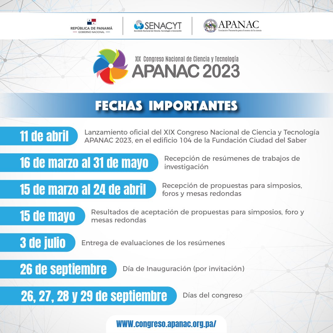 CongresoApanac's tweet photo. 🚨Fechas importantes🚨
Estas son las fechas importantes del congreso.

En nuestra biografía podrás encontrar el enlace de nuestra página web para presentar los resúmenes y las propuestas de mesas redondas y simposios.

 #CongresoApanac2023 https://t.co/VzKqCmKnzd