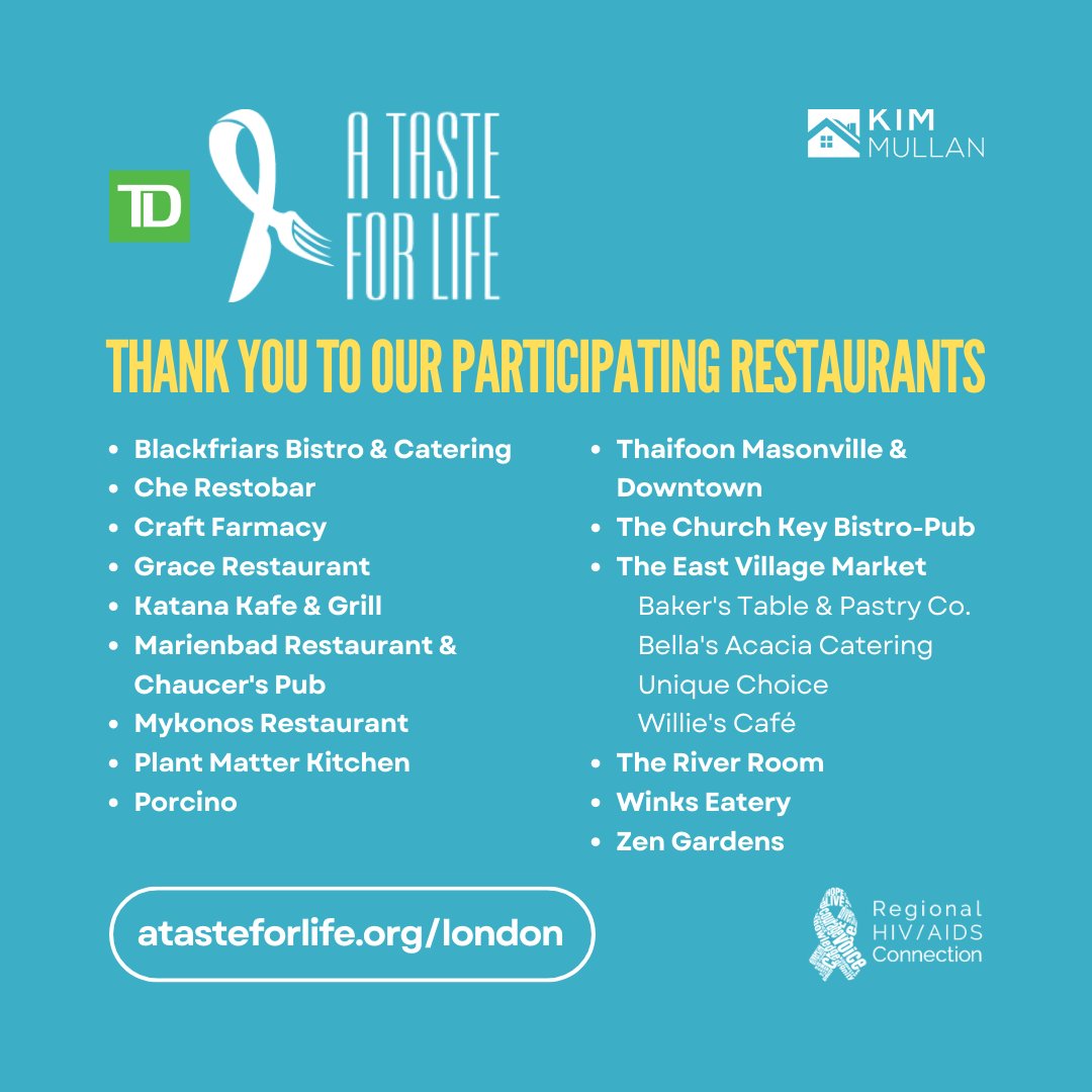 Thank you for celebrating 20 years of #ATasteforLife, London! We are so grateful to everyone who dined and donated in support of RHAC's client programs and services. Thank you to this year's 19 participating locations and our presenting sponsor TD Bank Group and @kimcanhomes!