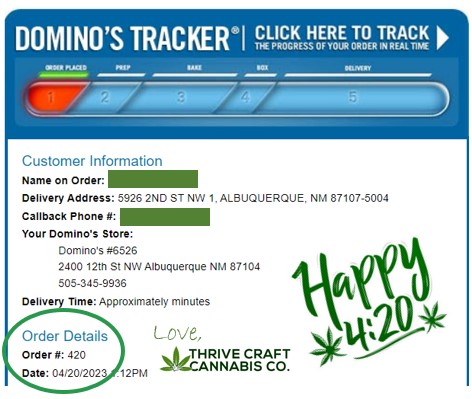 thrivecraftnm's tweet photo. Happy 420!

Ordered pizza for the shop, even Domino's celebrates!

Check out our website for additional information involving sales ALL WEEK LONG! Link in our bio 🔗

Stop by to learn more on our raffle! https://t.co/OljakG8aMD