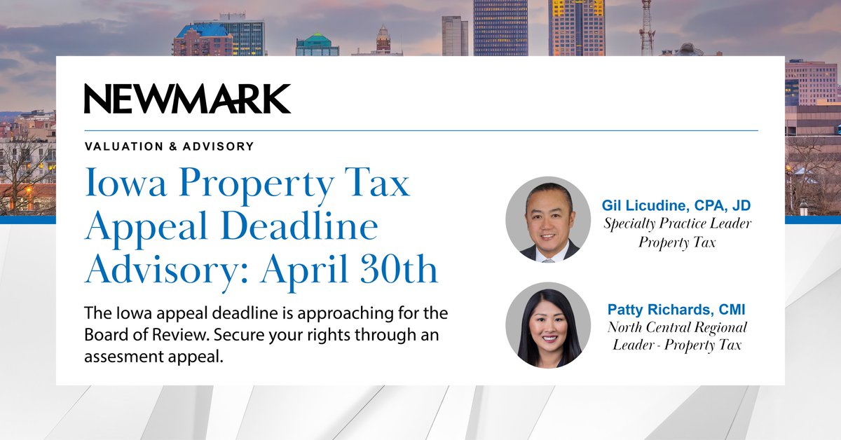 Newmark_VandA's tweet photo. Reach out to @Newmark_VandA's Property Tax Leader, @glicudine, and North Central Regional Leader, Patty Richards to discuss and analyze your #Iowa property tax assessments.

➡️ Download the Iowa Property Tax Guideline: https://t.co/6NzisCZ9Eg

@Newmark #AdValorem #PropertyTax https://t.co/DQQQATpmaF