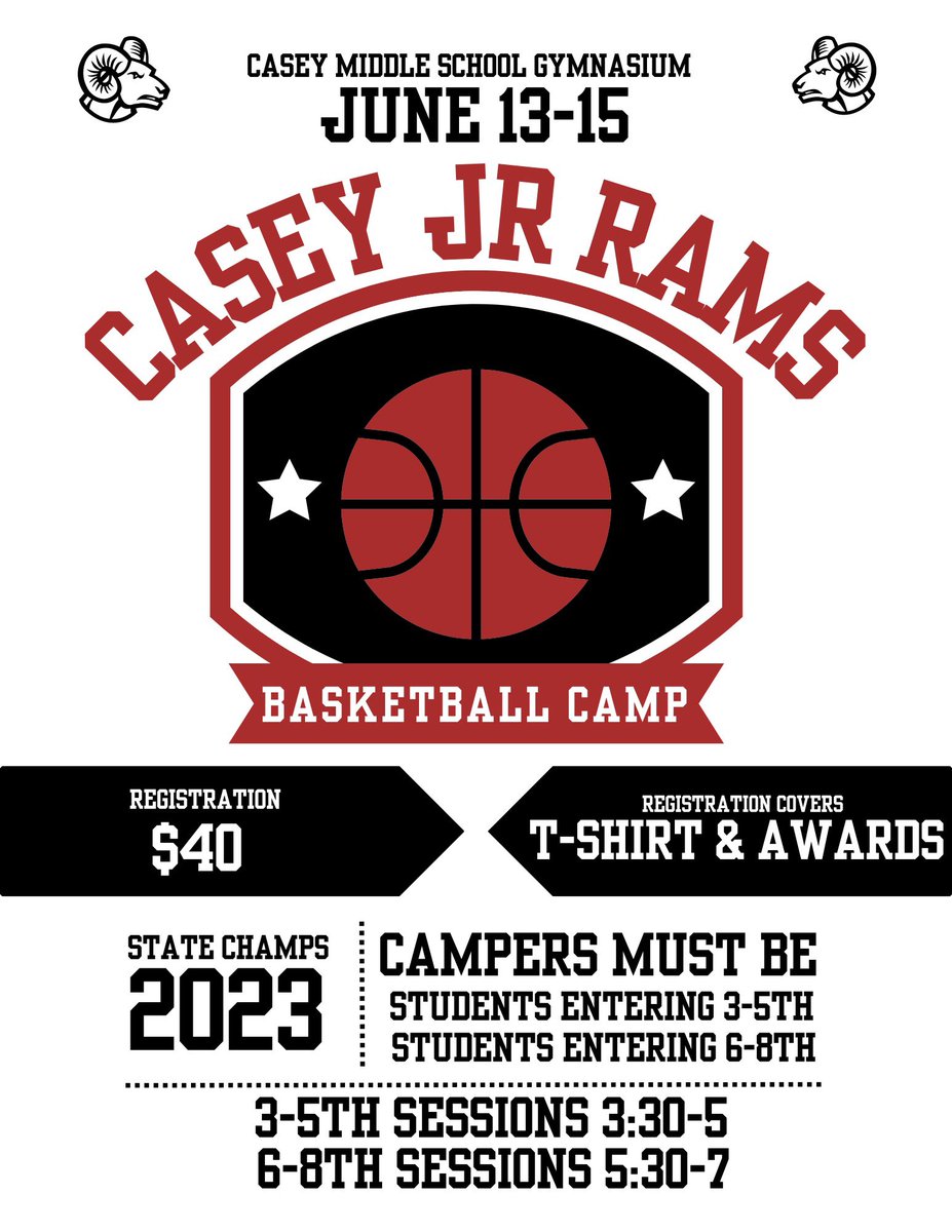 tpink32's tweet photo. Here is the flyer for the first annual Casey middle school boys basketball camp.  We would love to help your kids grow in the game of basketball. We will have former and current Casey state champ players  at camp. Look forward to seeing you there.   Try to send in by may 31 https://t.co/OG8izEHndh