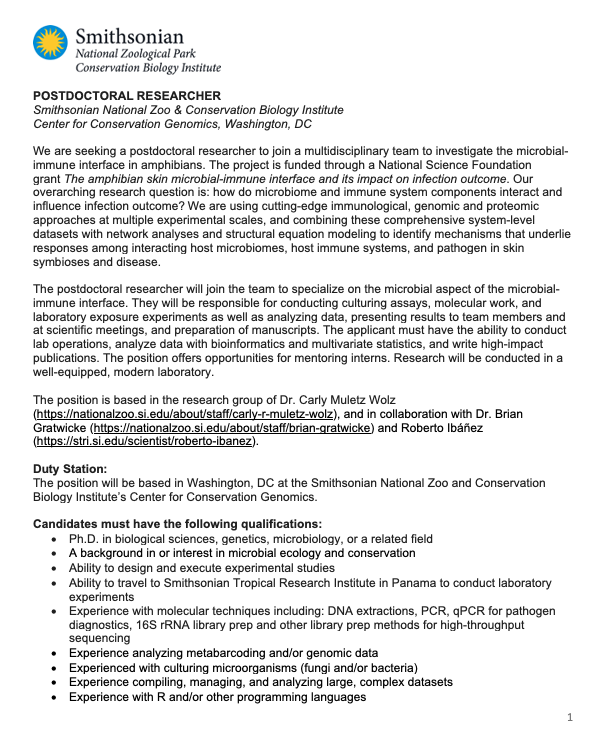 Carlybacter's tweet photo. Please RT: We are looking for a motivated #postdoc to study #amphibian #microbiomes, #chytrid fungus and the microbial-immune interface. Come work with us at the Smithsonian with @BrianGratwicke and our collaborators @AmyEllison_UK @LGrayfer! 🐸🦠🍄 Apply by May 15th. https://t.co/uxcRUq0NQf