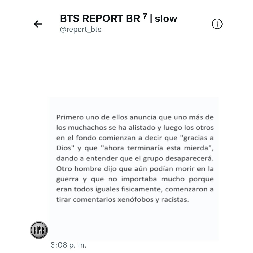 BTSReporte_'s tweet photo. ⚠️ ¡B-ARMY necesita nuestra ayuda! En un podcast reconocido de Brasil se habló sobre el alistamiento de HS, esto terminó con deseos de muerte y racismo a bngtn.

Reporta el canal:
(https://t.co/xNQ9QceMfQ)

•Por ahora B-ARMY se intenta comunicar con la empresa responsable [...] https://t.co/SvFpgRCIfw