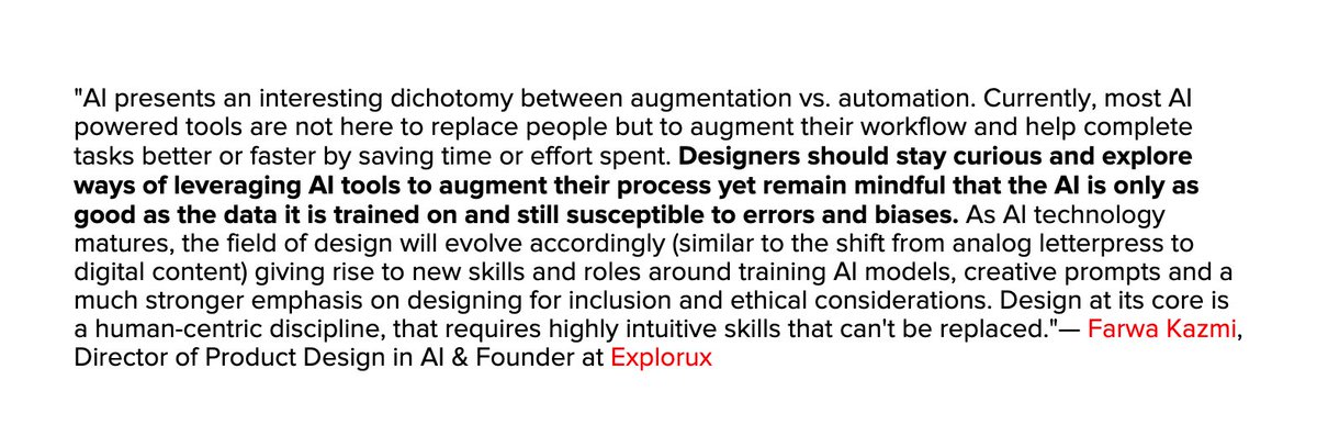 explorux's tweet image. &quot;Designers should stay curious and explore ways of leveraging AI tools to augment their process yet remain mindful that the AI is only as good as the data it is trained on and still susceptible to errors &amp;amp; biases.&quot; - @itsfarwa via @RGD  shorturl.at/uATY0