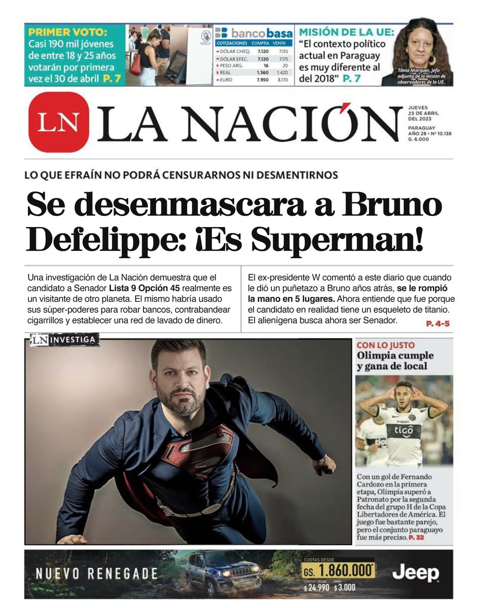 Me filtraron la siguiente tapa de La Nación, ¡seguimos con las mentiras!

El mayor súper-poder de los emprendedores es UNIRSE! Lleguemos juntos al Congreso! Sumate en bruno2023.com.py/estoy