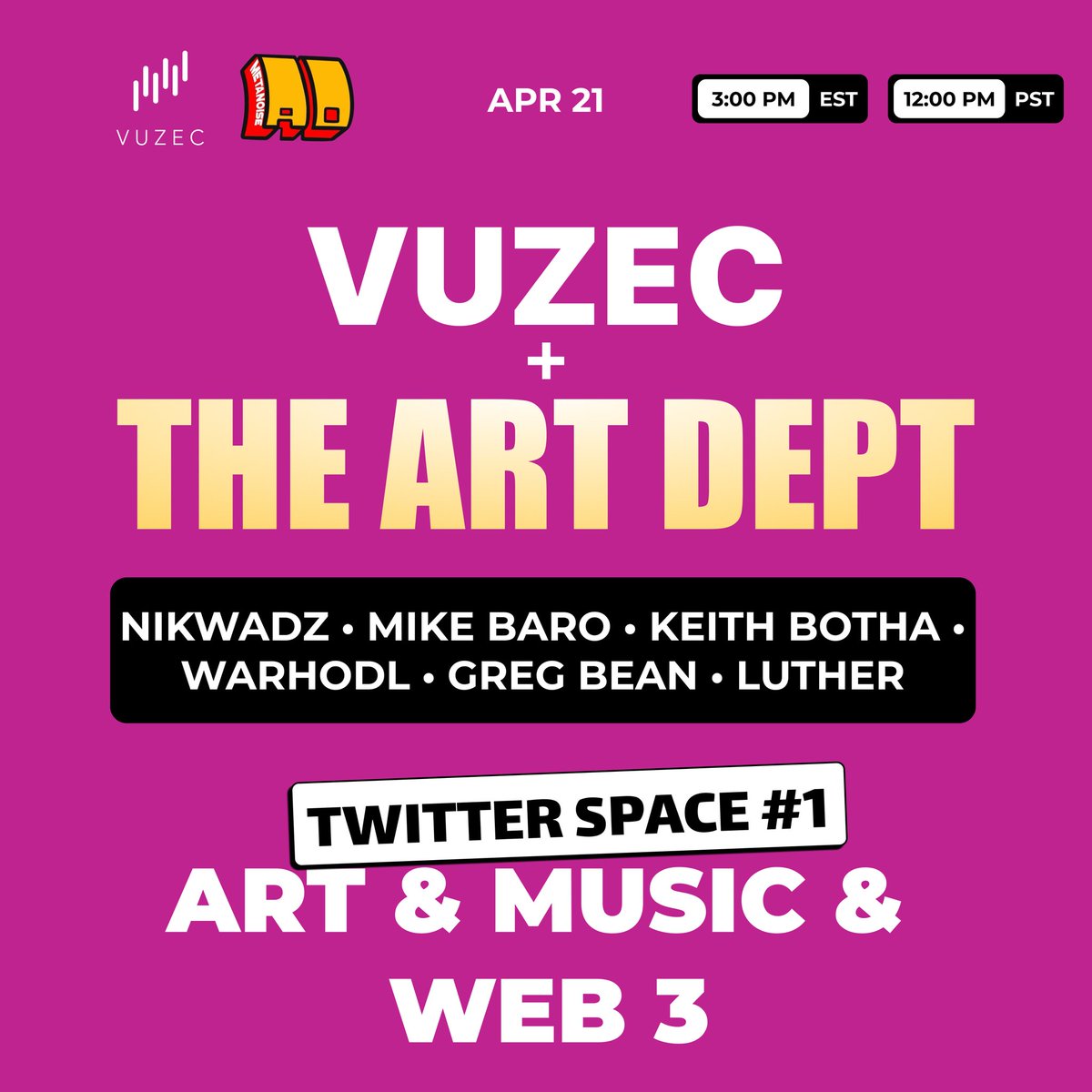 TOMORROW is the DAY! 

Join us tomorrow for a live Q&amp;A with @theARTDept_WeHo happening from 3-4 EST!

Everything music 🎶, art 🎨 &amp; web3

🎙️ Special Guests: <a href="/NikWadz/">nikwadz</a>,  <a href="/mikebinthecity/">mikebinthecity.eth</a>, @WARHODL, <a href="/KeithBotha2/">Keith Botha</a>, <a href="/Beanstamatic/">beanstamatic — OxSuper — LIKE ME.</a> &amp; <a href="/lutherarts/">LutherArts</a>. 

Show up to claim something 👀