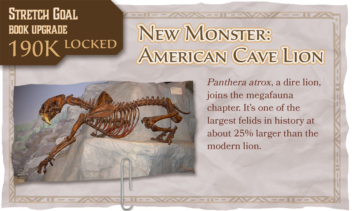 MageHandPress's tweet photo. The 6 foot tall, flightless Terror Bird has been unlocked with less than 9 hours to go!! 🥳
Our next stretch goal will be unlocked at 190k, the American Cave Lion! As one of the largest felids in history, I think the Panthera atrox will feel at home in the megafauna chapter! https://t.co/OK0HtZO9d9