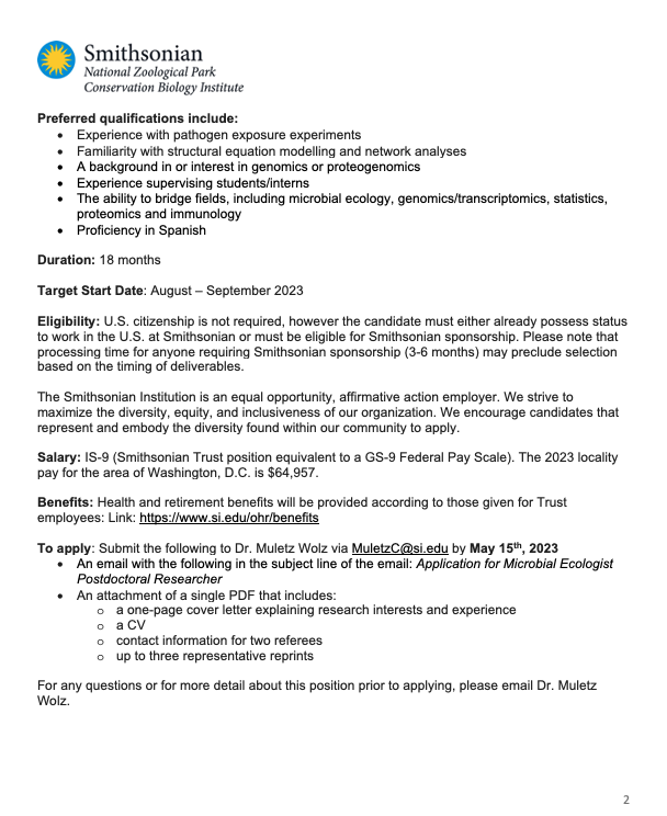 Please RT: We are looking for a motivated #postdoc to study #amphibian #microbiomes, #chytrid fungus and the microbial-immune interface. Come work with us at the Smithsonian with @BrianGratwicke and our collaborators <a href="/AmyEllison_UK/">Amy Ellison</a> <a href="/LGrayfer/">Leon Grayfer</a>! 🐸🦠🍄 Apply by May 15th.