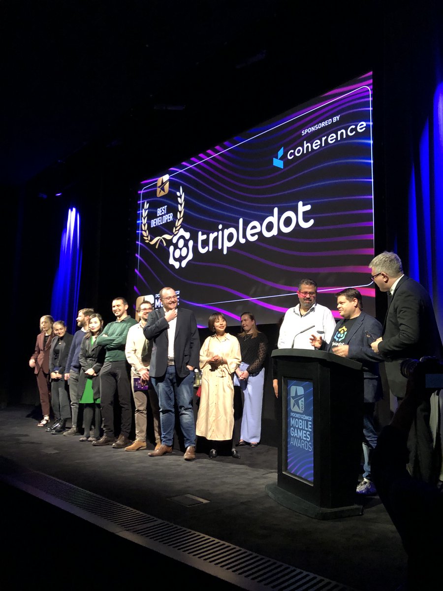 MobileGameAward's tweet photo. It’s #Tripledot! “Building games is a team sport!” they declare, accepting the award on stage at BAFTA Piccadilly with the whole gang. #MobileGamesAwards https://t.co/Z7EY7lPQl3
