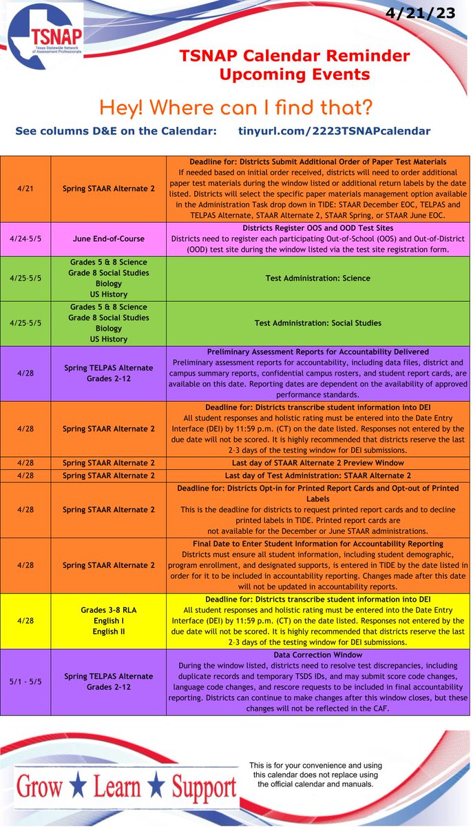 JamieHBarron's tweet photo. TSNAP Calendar Reminder 4/21/23 - a day early!
@tsnaptalk #tsnap
The first week of testing is almost done!
Here is the link to my full calendar: https://t.co/NuIOMSNoyT
Be sure to look at the "Hey! Where can I find THAT?" Column" for help with each event/activity. https://t.co/Nq2eWM80bY
