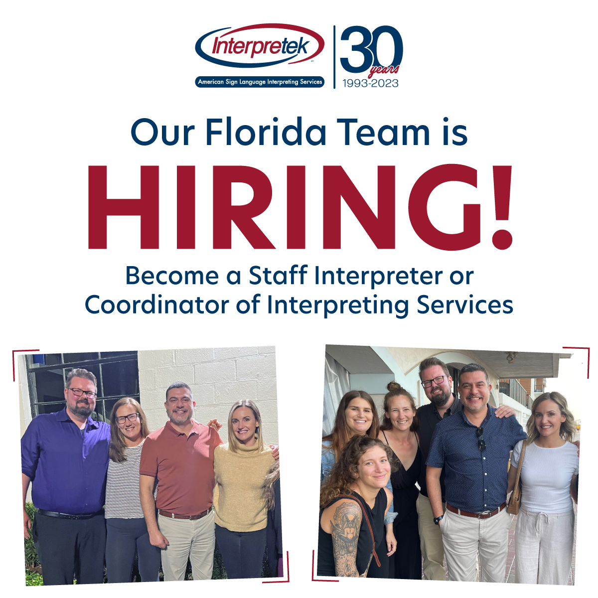 Interpretek's tweet photo. We're hiring! Join our Florida team as a Staff Interpreter or a Coordinator of Interpreting Services.
Learn more and apply now! https://t.co/59A7pEyYb4
#Interpretek #ApplyNow #Hiring #ASL https://t.co/lbHIQRRrXs